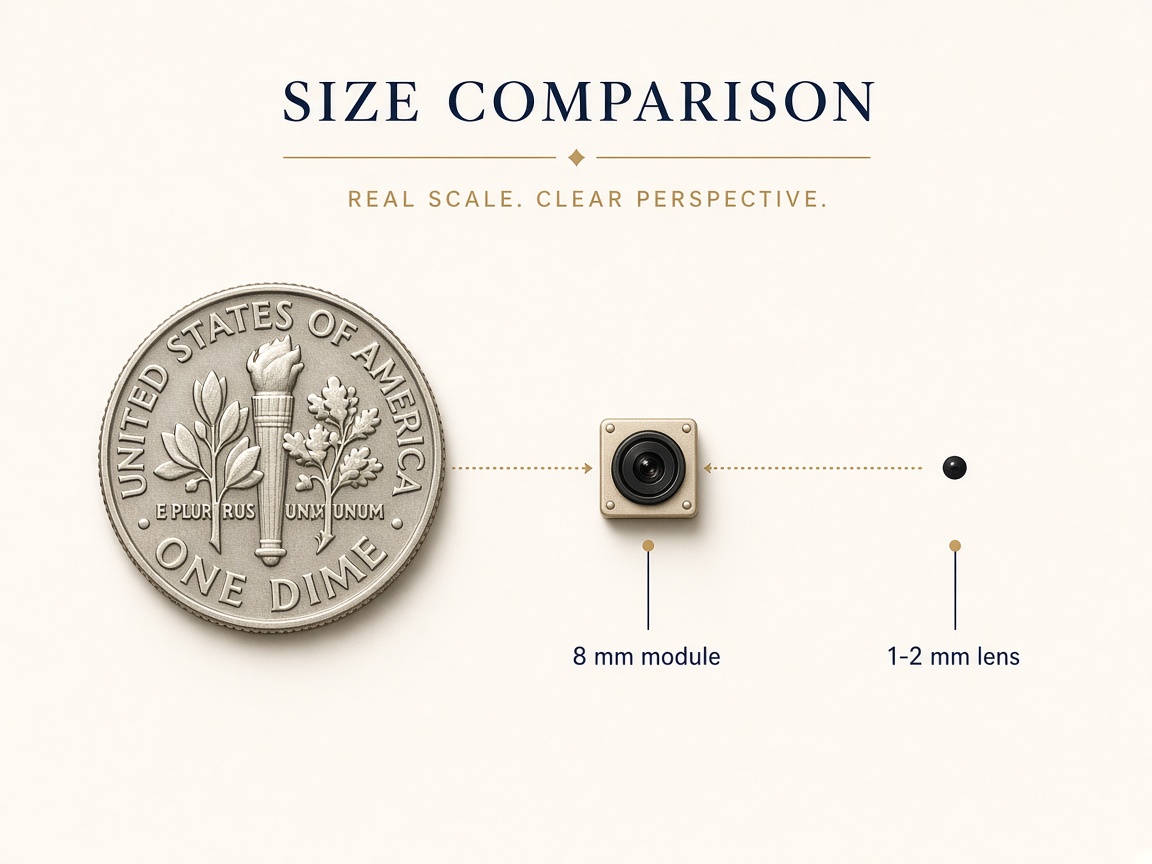 Size comparison of a coin, an 8mm camera module, and a tiny lens